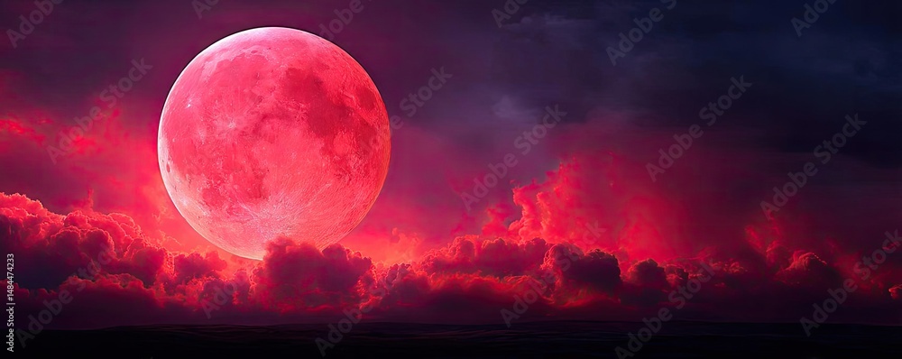 Poster red moon behind black clouds with abstract fire and smoke concept. a stunning red moon illuminating 