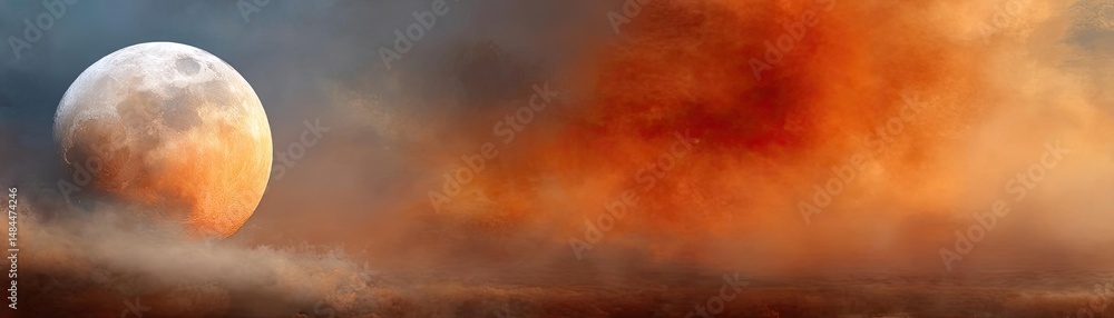 Poster red moon behind black clouds at night with abstract fire concept. stunning lunar landscape with clou
