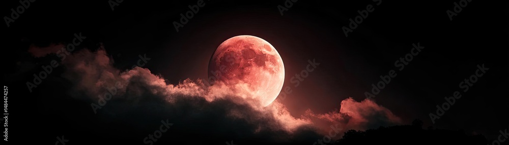 Poster red moon behind black clouds at night with abstract fire concept. a captivating view of a blood moon