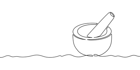 Continuous one line drawing medical mortar. Mortar and pestle for preparing medicines. One continuous line isolated minimal illustration.Not AI.
