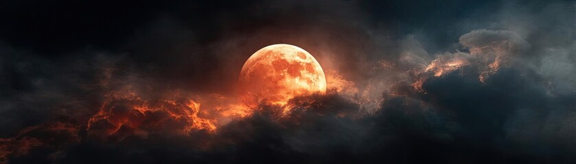 Red moon behind black clouds at night with abstract fire concept. A dramatic sunset with a glowing moon peeking through clouds.