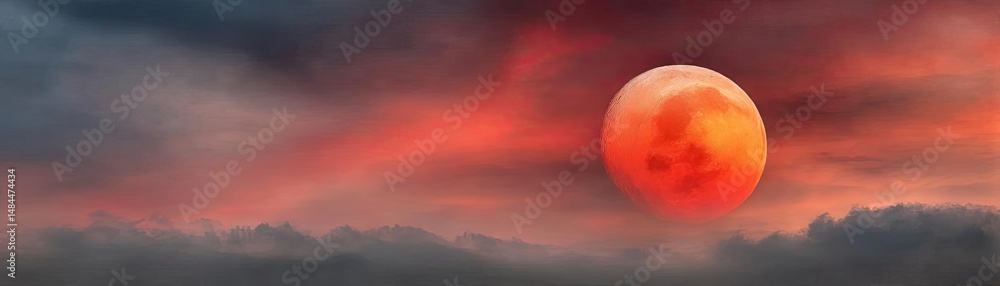 Poster red moon behind black clouds in dark abstract sky concept. a dramatic sunset sky with a full moon il