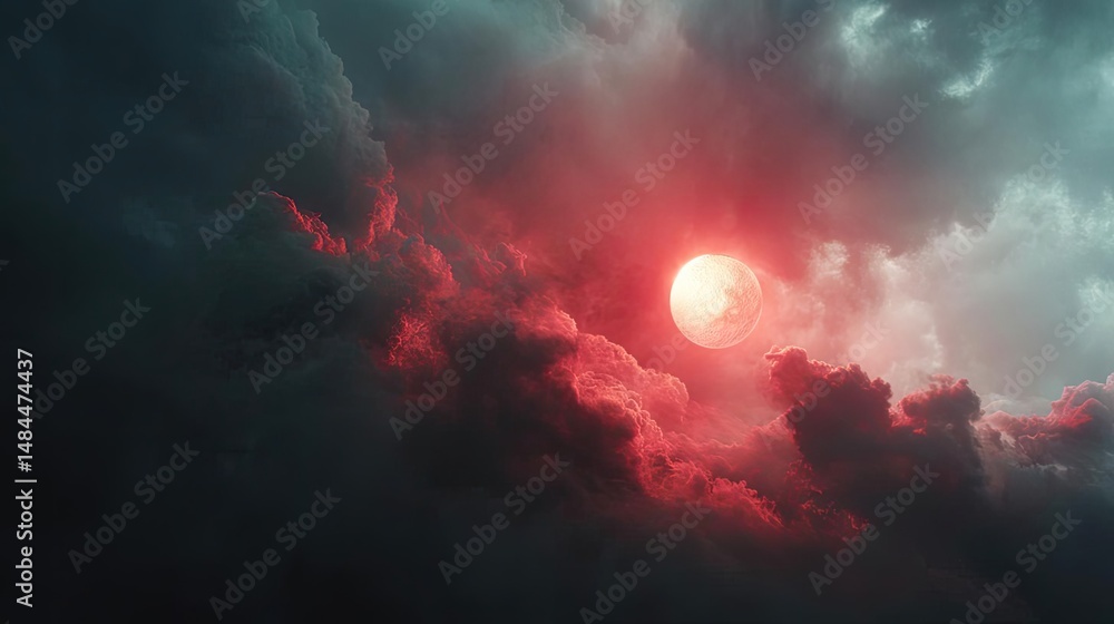 Poster red moon behind black clouds in dark abstract sky concept. dramatic sky with dark clouds and a glowi