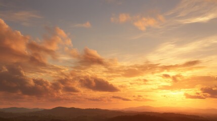 Fototapeta premium Vibrant Orange Sunset Over Rolling Hills With Dramatic Clouds, Evoking Serenity and Natural Beauty for Travel and Environmental Awareness : Generative AI