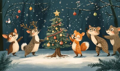 whimsical illustration of woodland animals dancing around a decorated tree in a snowy clearing, Generative AI