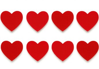Eight red hearts arranged in rows isolated on white background