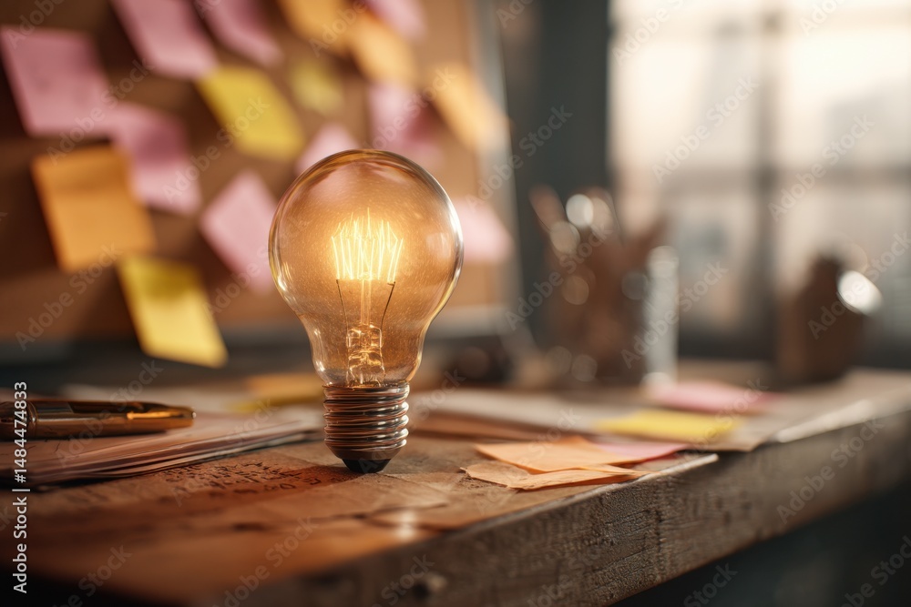 Poster Glowing Lightbulb on a Rustic Wooden Desk with Sticky Notes in Background Symbolizing Idea Generation and Creative Problem Solving : Generative AI