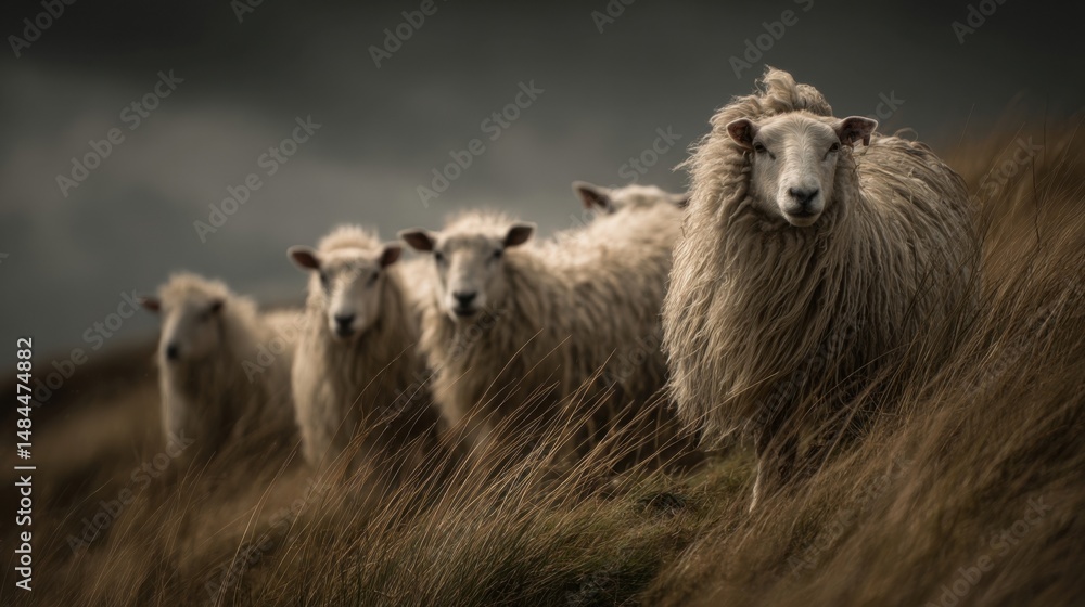 Poster flock of sheep standing in grassy field under moody sky, representing rural tranquility and sustaina