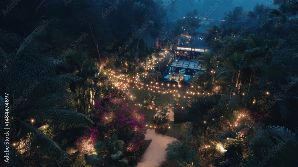 Poster tropical resort at night with string lights and lush vegetation, emphasizing relaxation and vacation