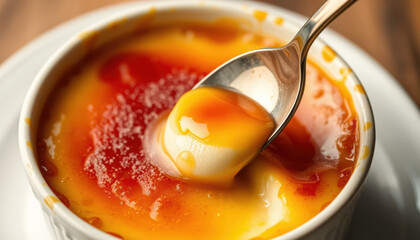 Close up of spoonful of caramel custard dessert in white cup, showing smooth, creamy texture and glossy caramel topping, with warm, inviting appearance and sweet flavor