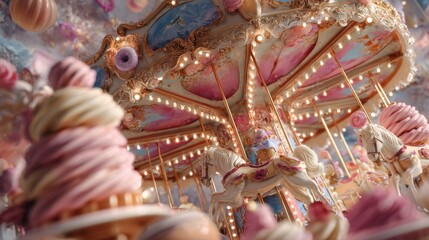 Fototapeta premium Whimsical Carousel Ride Adorned With Candy and Cupcakes in a Dreamlike Setting, Capturing Childhood Fantasy, Sweet Celebration, and Joyful Nostalgia : Generative AI