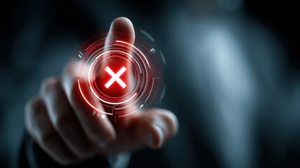 Digital Rejection: A fingertip hovers over a glowing red 'X' symbol within a futuristic digital interface, signifying a decisive rejection or cancellation.