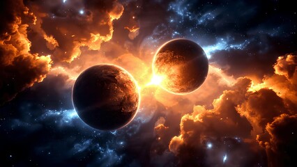 Obraz premium Cosmic Collision: The Dance of Twin Planets