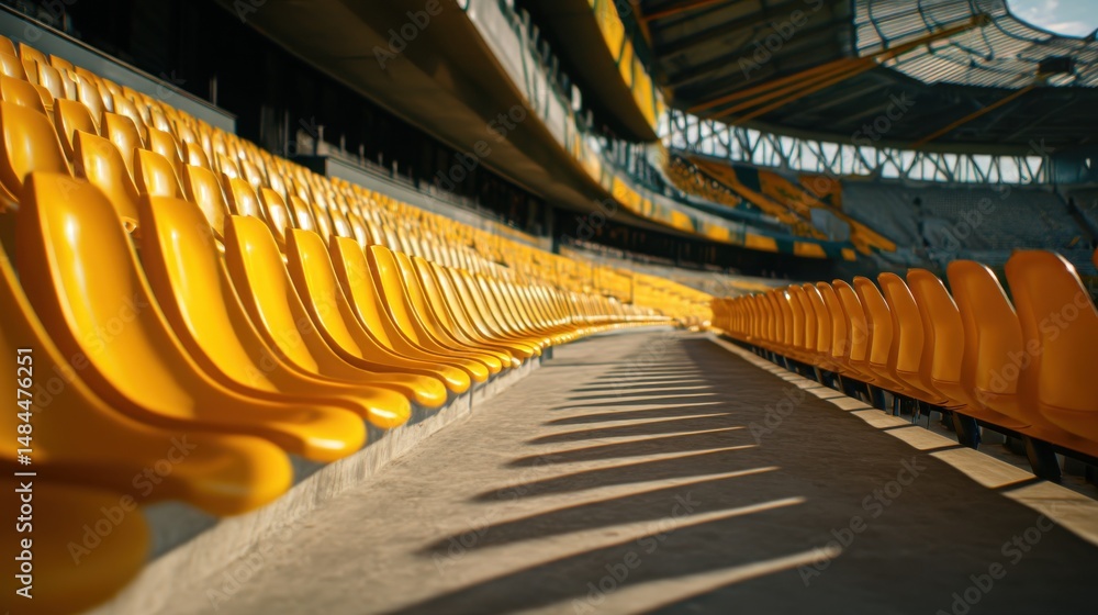 Fototapete rows of empty yellow stadium seats under bright sunlight casting long shadows, representing anticipa