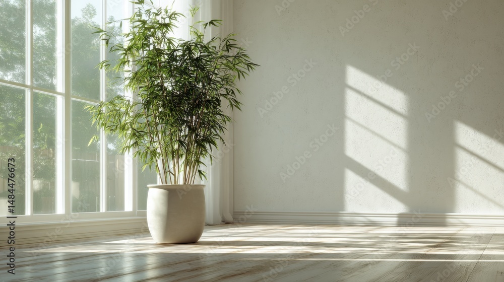 Poster potted bamboo plant in a bright, empty room by a large window with natural sunlight and shadows, cre