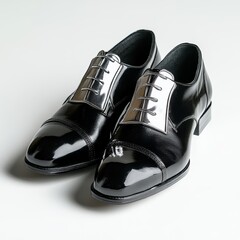 Polished black leather cap-toe oxfords with metallic silver accents