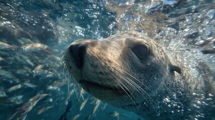 Obraz premium Sea Lion Swimming Underwater With School of Fish, Showcasing Marine Wildlife and Ocean Conservation Efforts : Generative AI