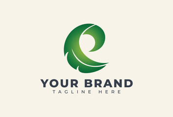 Initial E Letter with Leaf Logo Design Element