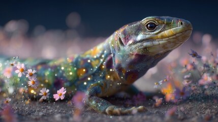 Lizard With Iridescent Scales Among Wildflowers in Dreamy Setting, Symbolizing Nature's Beauty and Renewal for Environmental Awareness Campaigns : Generative AI