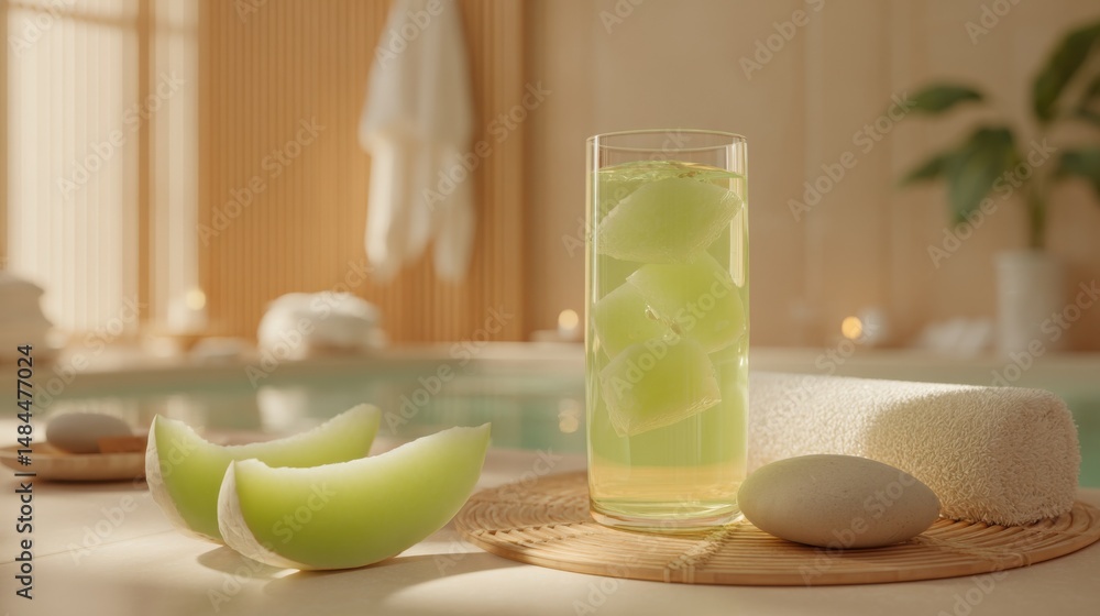 Poster refreshing melon drink with large ice cubes and spa accessories including towel and stone in a seren