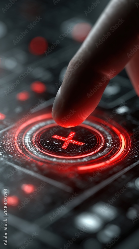 Poster illuminated button: a finger presses an illuminated red button, signaling a critical action with hig