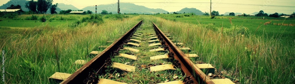 Poster rusty railway tracks stretch through green fields toward distant mountains under a hazy sky.