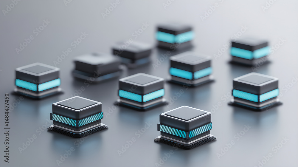 Wall mural a close-up shot of a sleek, futuristic array of superconducting qubits with glowing blue lights, sur
