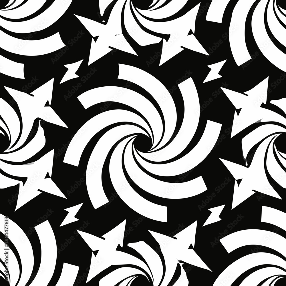 Poster abstract seamless vector pattern with swirling stars on black background