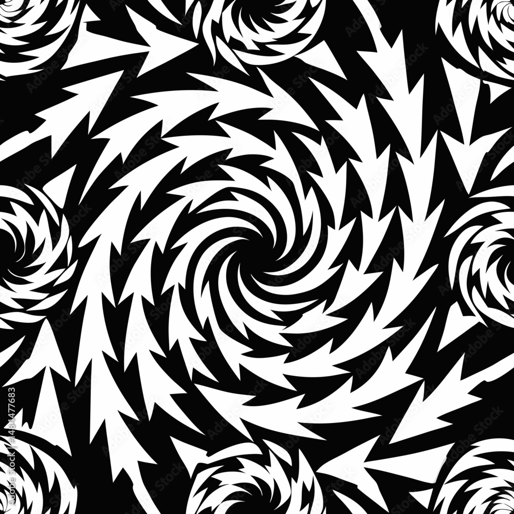Poster abstract seamless vector pattern of swirling arrows on black background