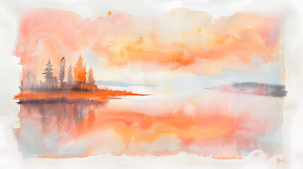 Naklejka premium Watercolor painting Pinkorange clouds landscape