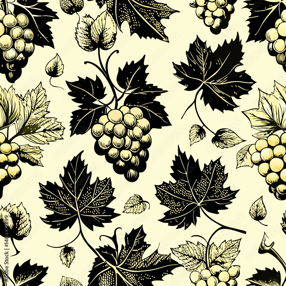 Poster classic engraving style seamless vector pattern with grape vines and leaves