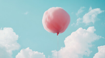 Fototapeta premium An imaginative outdoor image displays a floating balloon shaped from cotton candy, set against a white background. 