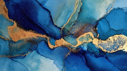Naklejka premium Abstract fluid art. Deep blues, subtle grays and gold flecks blend in flowing patterns