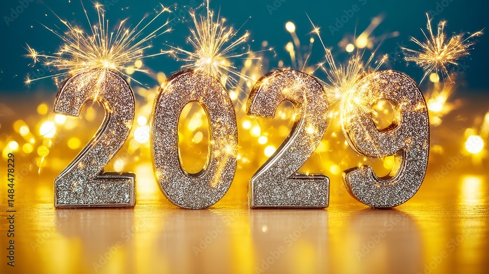 Poster sparkling silver 2029 numbers against a festive background with fireworks and bokeh lights