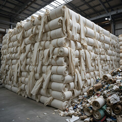 Rolls of Unfinished Fabric Stacked in a Large Textile Warehouse with Waste Pile