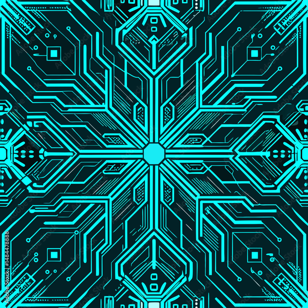 Poster futuristic seamless vector pattern with neon blue circuit lines