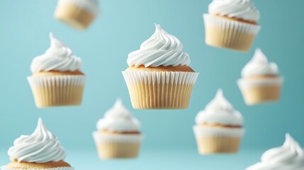 Delicious cupcakes floating against a bright blue background for celebration and dessert