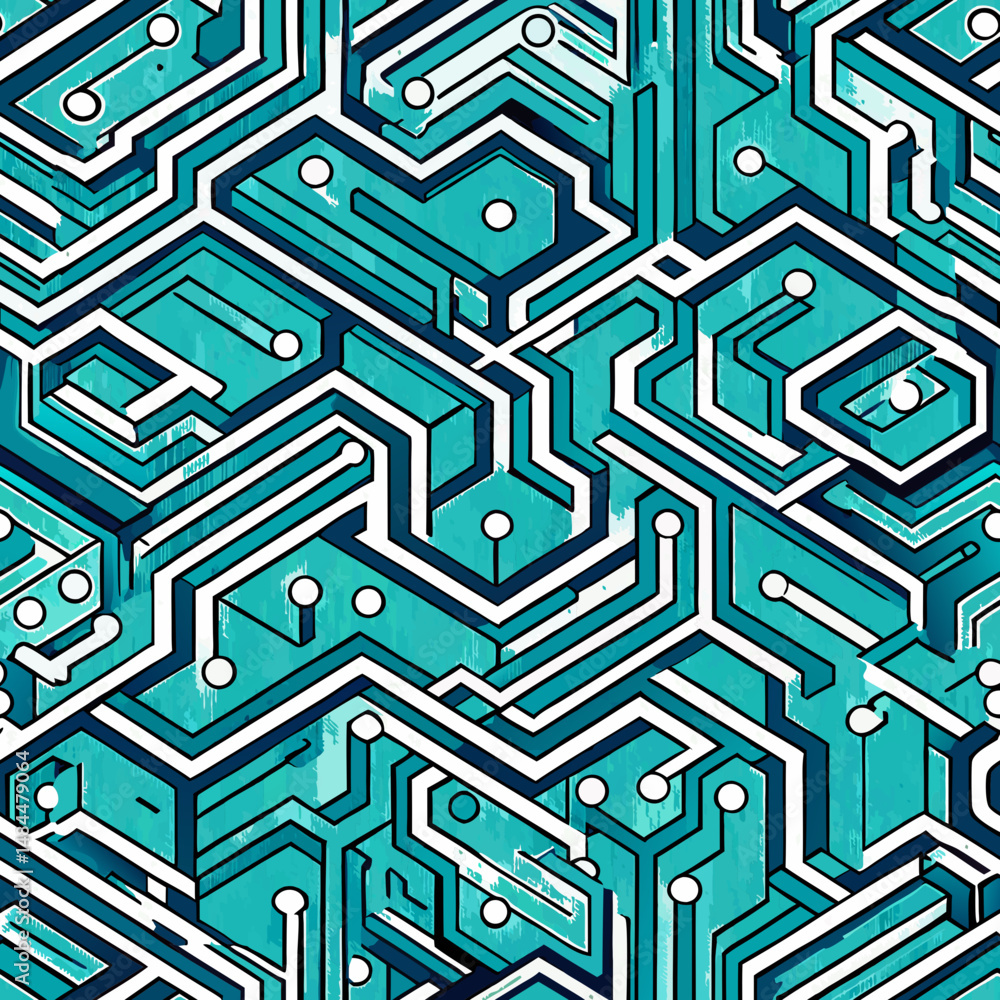 Poster abstract seamless vector pattern in turquoise and white circuit design