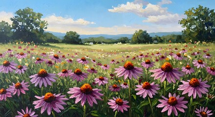 Vibrant Purple Coneflowers in a Sunlit Meadow: Impressionistic Landscape Painting