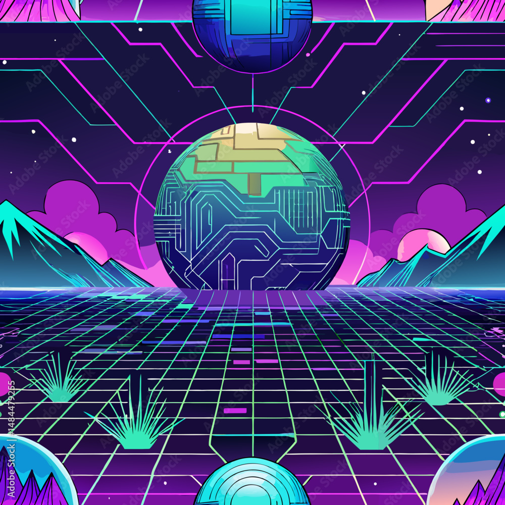 Poster futuristic seamless vector pattern with neon colors and abstract landscape