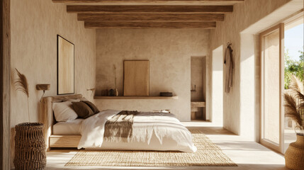 Bedroom styled in ZARA HOME's Mediterranean design with soft tones and natural textures. 