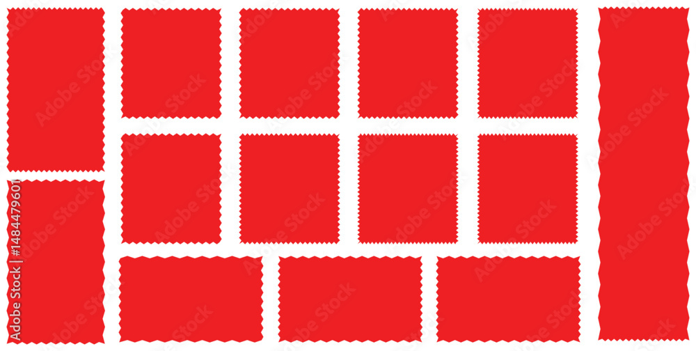 Poster red silhouette scalloped frames. geometric shapes stickers with zigzag wavy edge. set of frames with