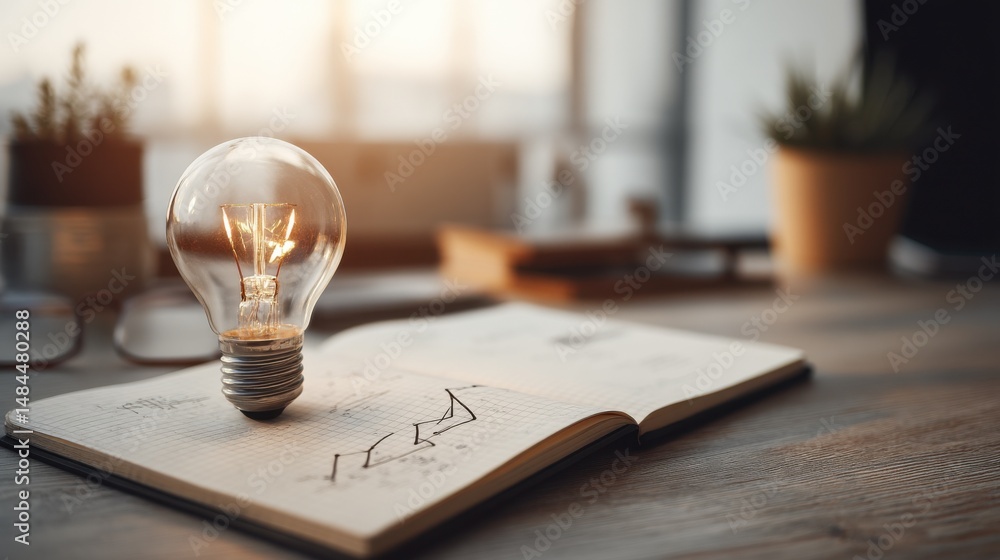Fototapete lit lightbulb on open notebook with business chart on wooden desk representing innovation and idea g