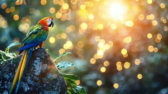 Colorful parrot perched on rock, vibrant sunlight.