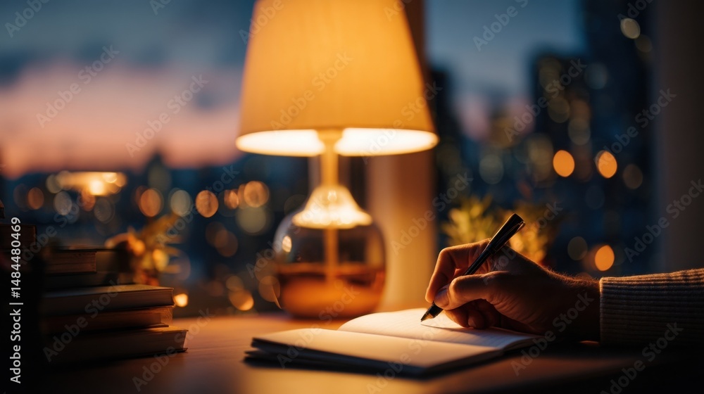 Poster hand writing in notebook under lamp light at night, representing focus and personal growth for self 
