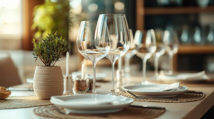 Fototapeta premium Clean and minimalistic dining room scene with a neatly set dinner table. 