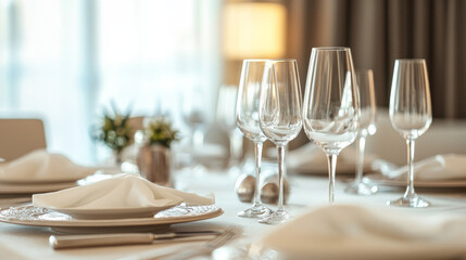 Fototapeta premium Clean and minimalistic dining room scene with a neatly set dinner table. 
