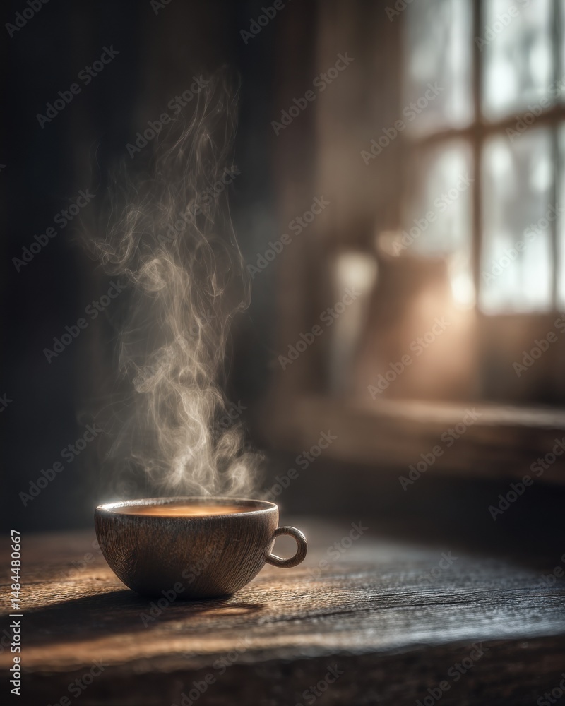 Poster steaming cup of coffee on wooden table near window in morning light, evoking warmth and simple pleas