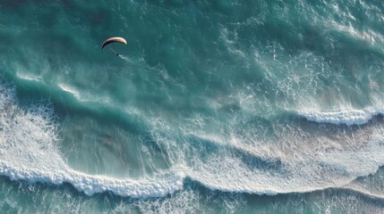 Fototapeta premium Aerial View of Paraglider Over Turquoise Ocean Waves, Showcasing Adventure and Coastal Exploration Travel Destination : Generative AI