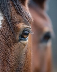 Detailed Close-up of a Brown Horse's Eye in the Rain, Showcasing Wet Fur and Eyelashes with Droplets, Capturing Natural Beauty and Animal Emotion for Wildlife and Nature Concepts : Generative AI